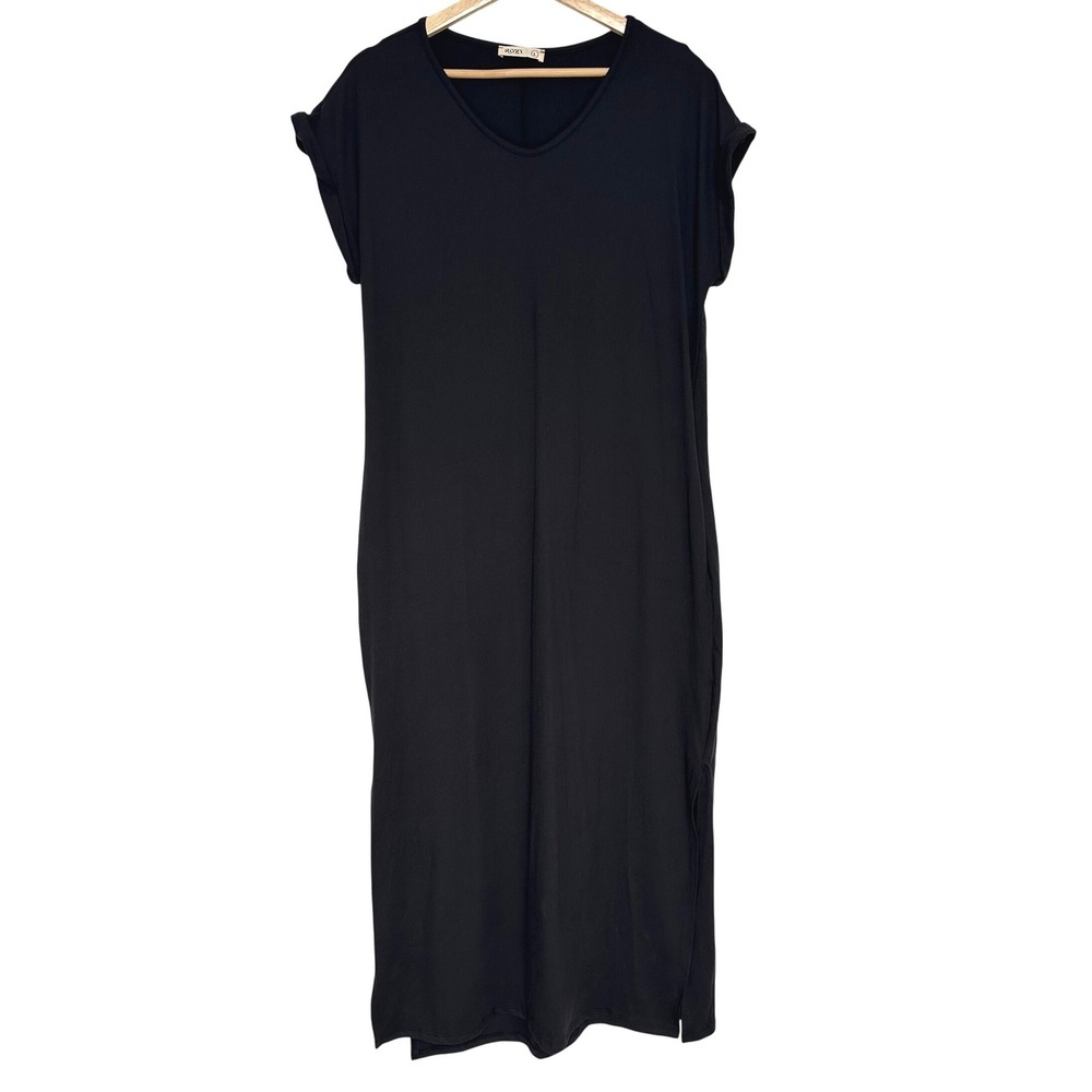 Sozy Soft + Cozy Black V-Neck Maxi Dress Cuffed Sleeve Side Slit Size Large